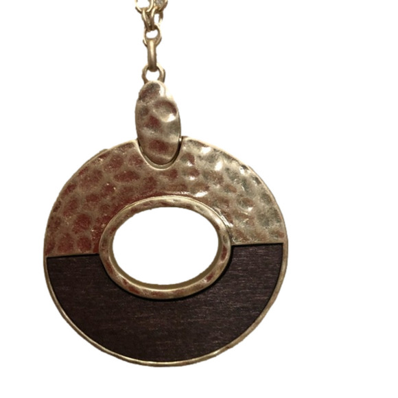 Hammered Goldtone and Wood 34” Necklace - Picture 1 of 4